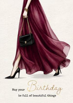 Moonpig Fashion Illustration Burgundy Dress Birthday Card
