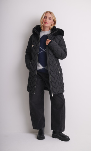 Faux Fur Trimmed Hooded Padded Coat - Black