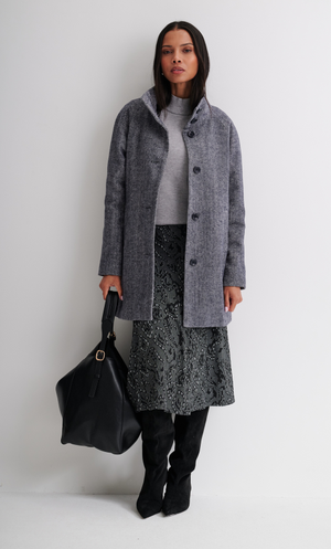 Anna Rose Herringbone Funnel Neck Coat - Navy/Cream