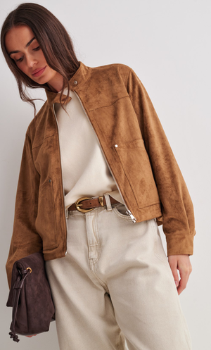 Suedette Zip Up Jacket - Tan