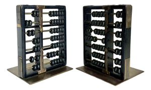 Vintage Hong Kong Brass & Black Abacus Bookends With Movable Wood Beads