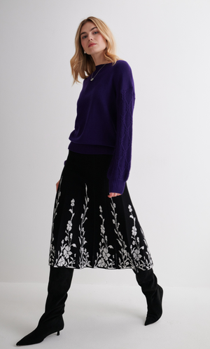 Pleated Knitted Floral Midi Skirt - Black/Ivory