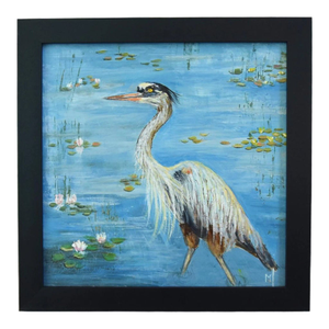 Wildlife Heron in Lake or Pond Oil Painting Displayed in a Sleek Black Wood Frame