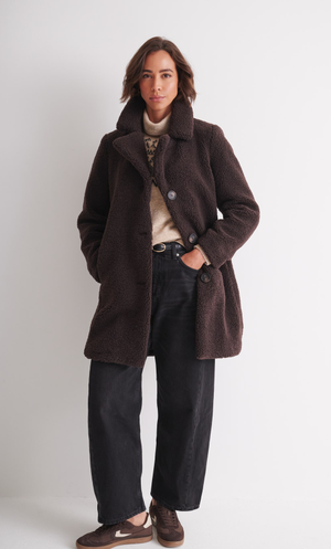 Button Front Teddy Sherpa Coat - Chocolate
