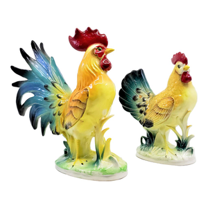 1960s Norcrest Porcelain Phoenix Chicken Figurine Table Sculptures, Signed Norcrest Japan- Set of 2