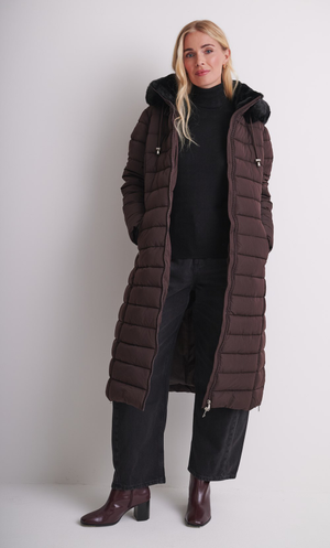 Faux Fur Trimmed Long Puffer Coat - Chocolate Plum