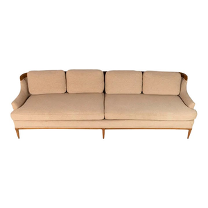 Circa 1960s Erwin Lambeth Original Cream Fabric 4 Seat Sofa with Sculptural Oak Detailing
