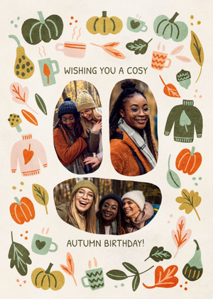 The London Studio Noonday Design Cosy Autumn Birthday Hand-Drawn Collage Photo Upload Card