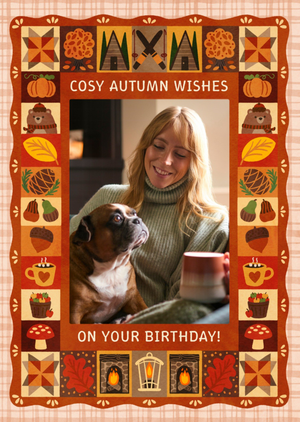 The London Studio Noonday Design Cosy Autumn Wishes Patchwork Photo Upload Birthday Card