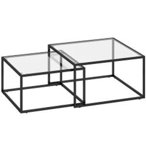 HOMCOM 2 Mesas de Centro Cuadradas Mesas Nido Modernas con Tablero de Vidrio Templado y Estructura Metálica 75x75x42 cm Negro