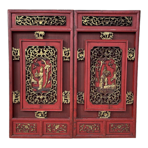Antique Chinese Carved Wood Two Panel Wall Hanging