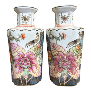 Pair of Floral Pink and Blue Vases Early 1800's Chinese Attributed to the Guangxu Period Attributing the 17c Qianlong