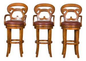 Swivel Bar Stools with Carved Backs and Faux Leather Seats – Set of 3