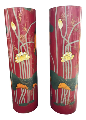 Vintage Painted Red Chinoiserie Pedestals , a Pair