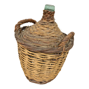 Antique Large Two-Tone European Rattan / Wicker Demijohn for British Colonial, Rustic European, and Nautical Decor