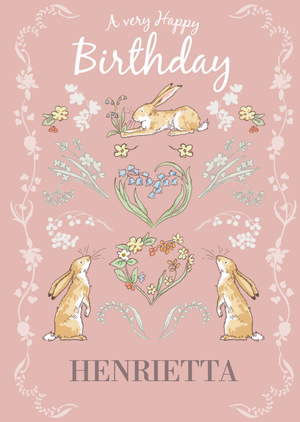 Ghmily Floral Pattern And Hares Happy Birthday Card