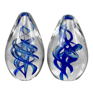 Mid-Century Hand Blown Art Glass Blue Spiraled Egg Paperweight - a Pair