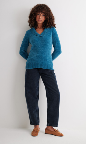 Chenille Collared Long Sleeve Jumper - Teal