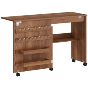 HOMCOM Folding Sewing Table, Rolling Sewing Cabinet, Magnetic Barn Door, 2 Bins, Shelf, 18 Spool Pegs, brown