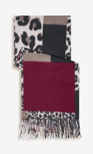 Colour Block Animal Print Tassel Scarf - Red